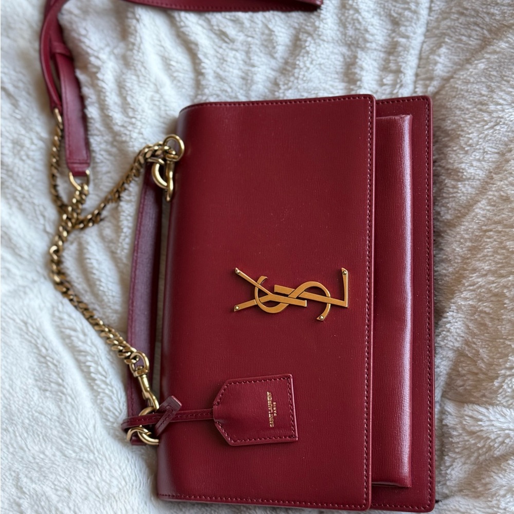 Sunset Yves Saint Laurent Burgundy Medium Leather Crossbody with Gold Chain